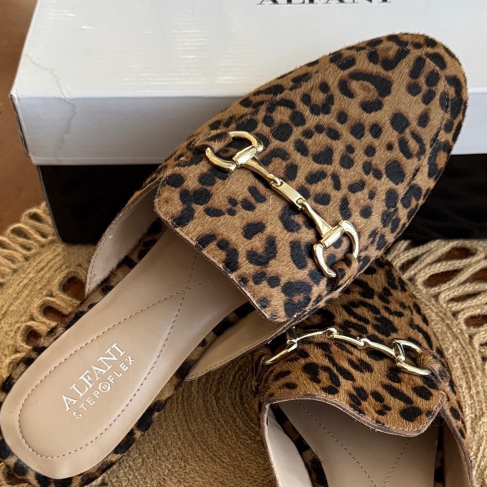 Alfani Leopard-Print (genuine calf hair upper) Slip-On Mules with Gold Buckle